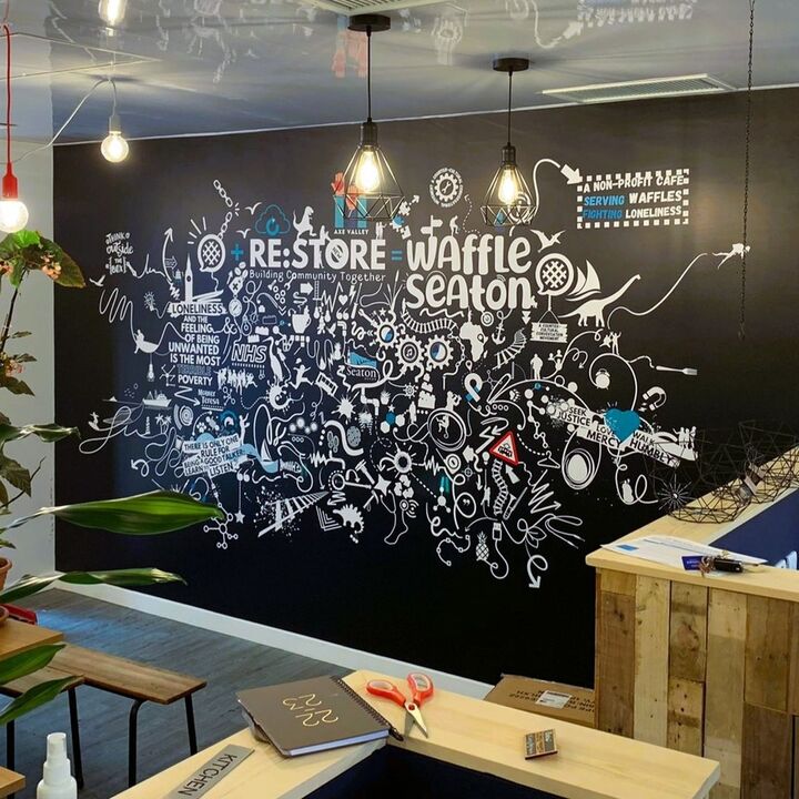 custom printed wallpaper display for the community waffle house in axminster. black, blue and white word clou design.jpg