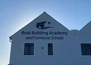 Custom Flat Cut Lettering & Logo In Dark Blue Acrylic for Lyme Regis Boat Building Academy & Furniture School