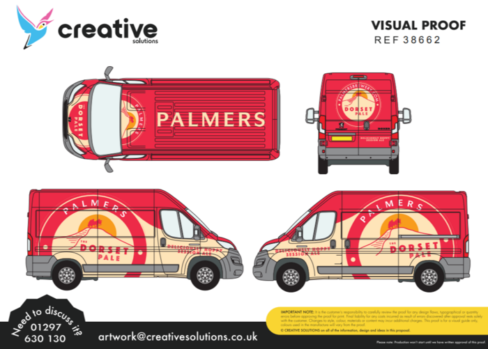 Vehicle Branding Graphic Wrap for Palmers Brewery Peugeot Boxer L2 H2 BlueHdi 335 Van - Creative Solutions Artwork Digital Design Proofing Sheet