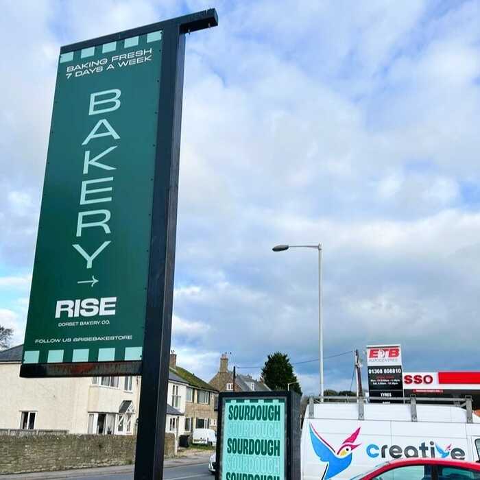 Post Mounted ACM Signage Panel for Rise Market & Bakery Bridport Post Mounted ACM Signage Panel for Rise Market & Bakery Bridport