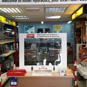 Printed Vinyl Acrylic Safety Screen with transaction cut-out