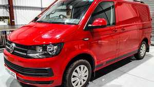 Full Colour Change Wrap Candy Apple Red VW Transporter Wrap and Matt Black Stripes