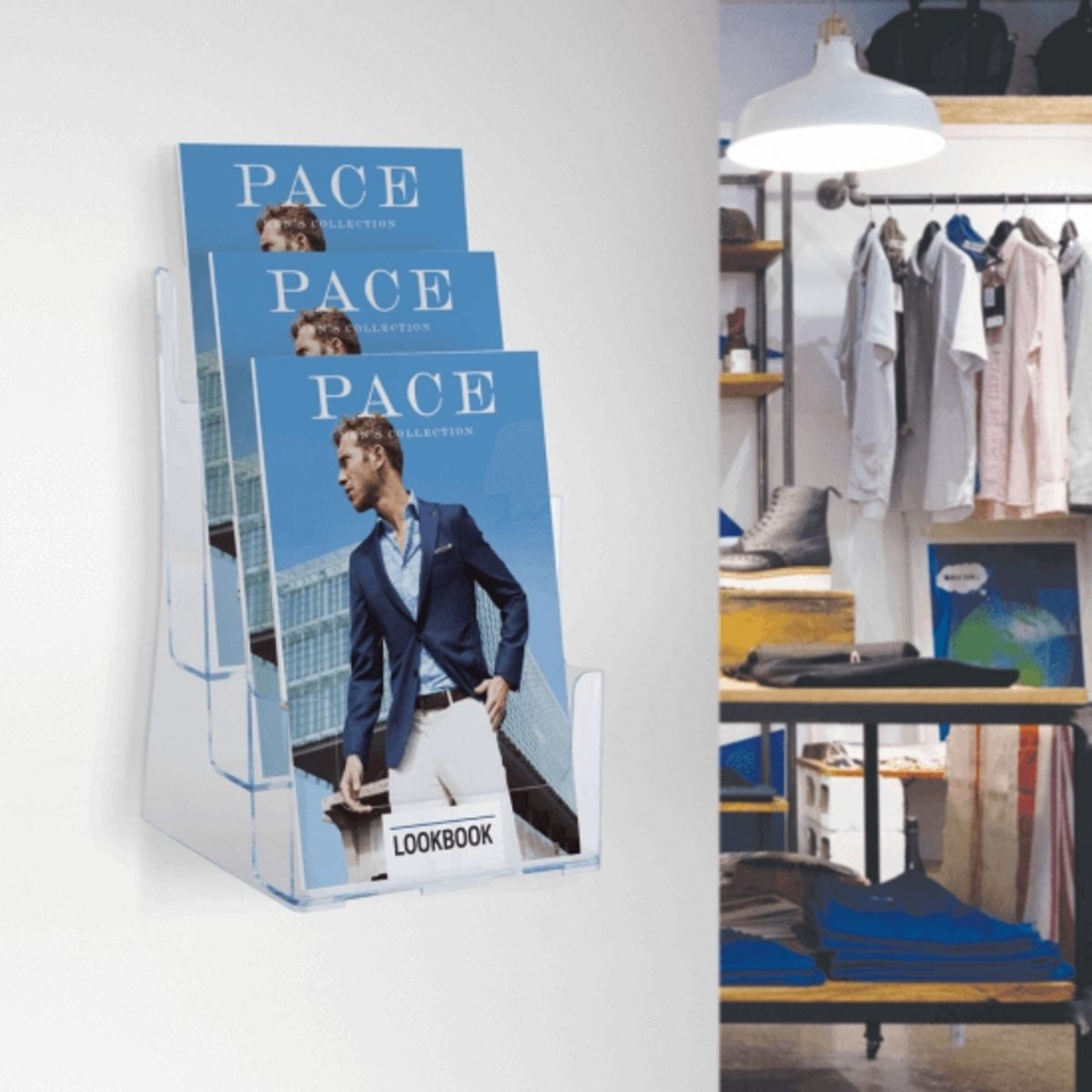 Wall mounted leaflet holder displaying promotional materials.png