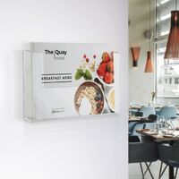 Wall mounted leaflet holder in clear styrene with brochure.png