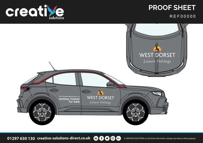 Cut Vinyl Vehicle Branding Graphics Artwork Proof Sheet on Vauxhall Mokka for West Dorset Leisure Holidays Cut Vinyl Vehicle Branding Graphics Artwork Proof Sheet on Vauxhall Mokka for West Dorset Leisure Holidays