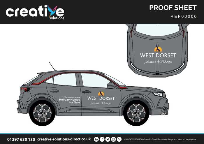 Cut Vinyl Vehicle Branding Graphics Artwork Proof Sheet on Vauxhall Mokka for West Dorset Leisure Holidays