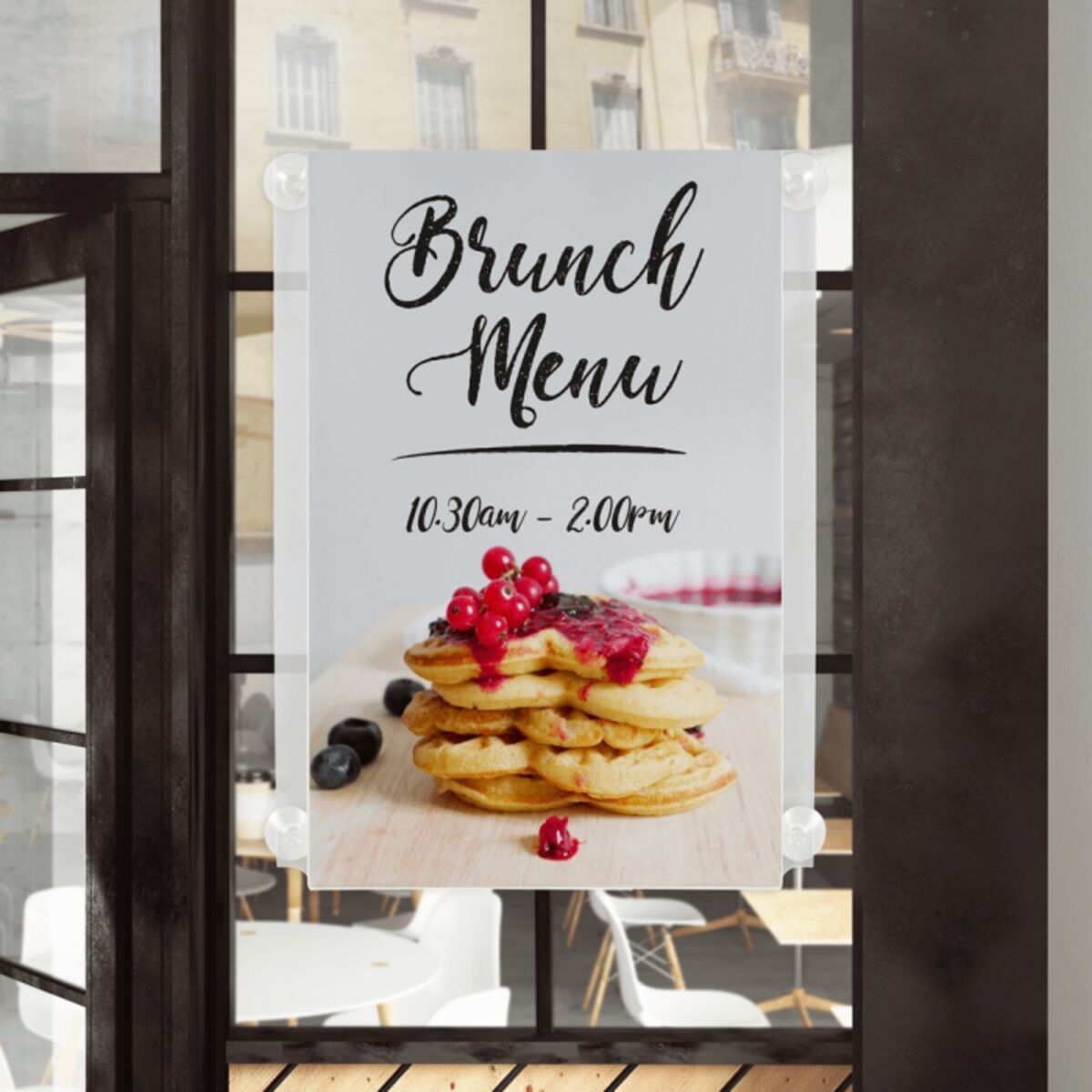 Window Display Poster Holder on window with suction cups.png