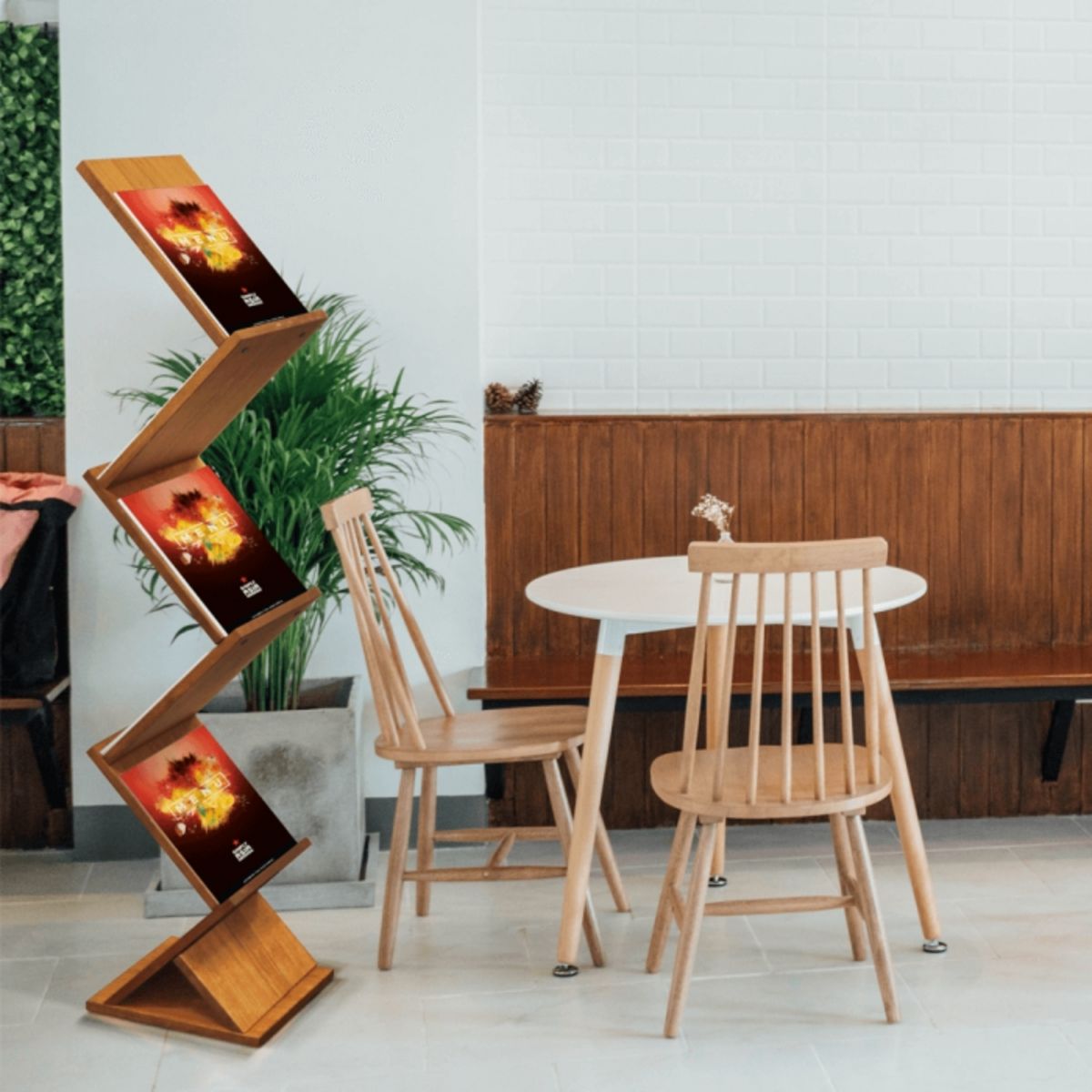 Wooden brochure stand with a zig zag design.png